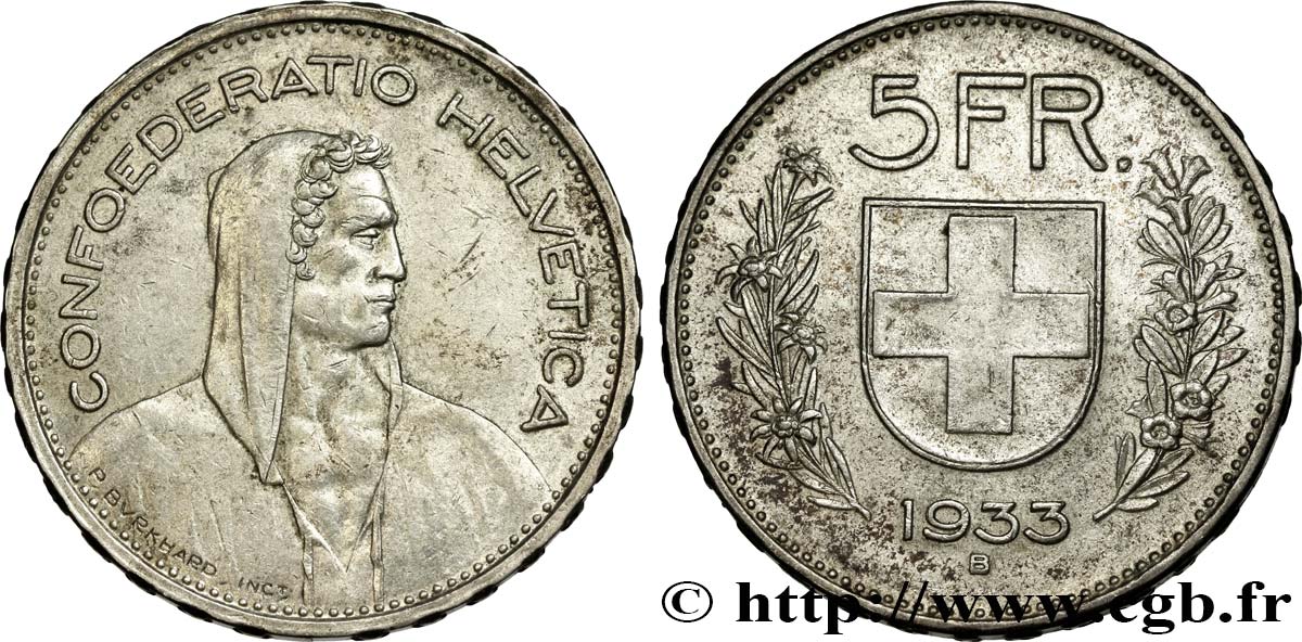SWITZERLAND 5 Francs Berger des Alpes 1933 Berne AU 