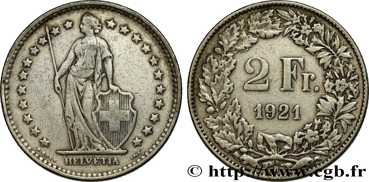 SWITZERLAND 2 Francs Helvetia 1921 Berne VF 