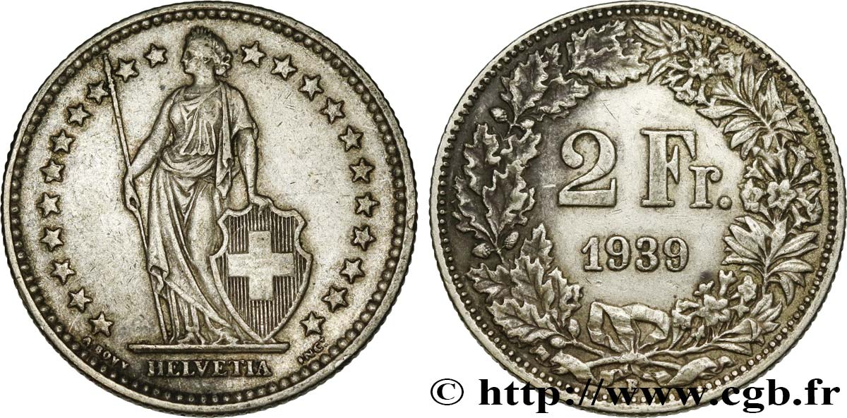 SWITZERLAND 2 Francs Helvetia 1939 Berne AU 