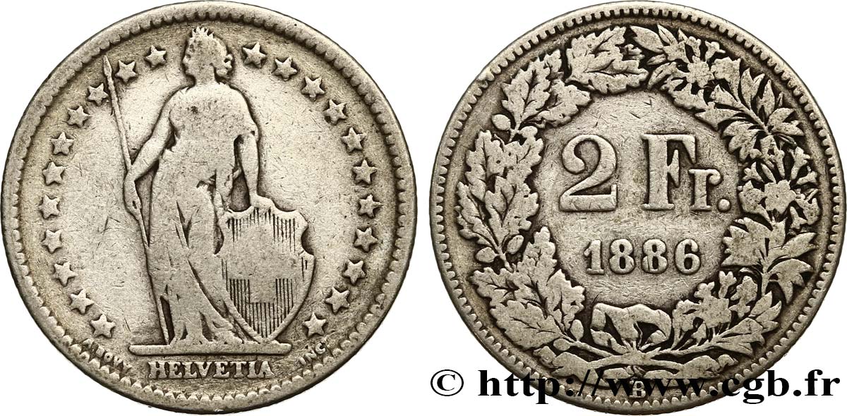 SUISSE 2 Francs Helvetia 1886 Berne TB 
