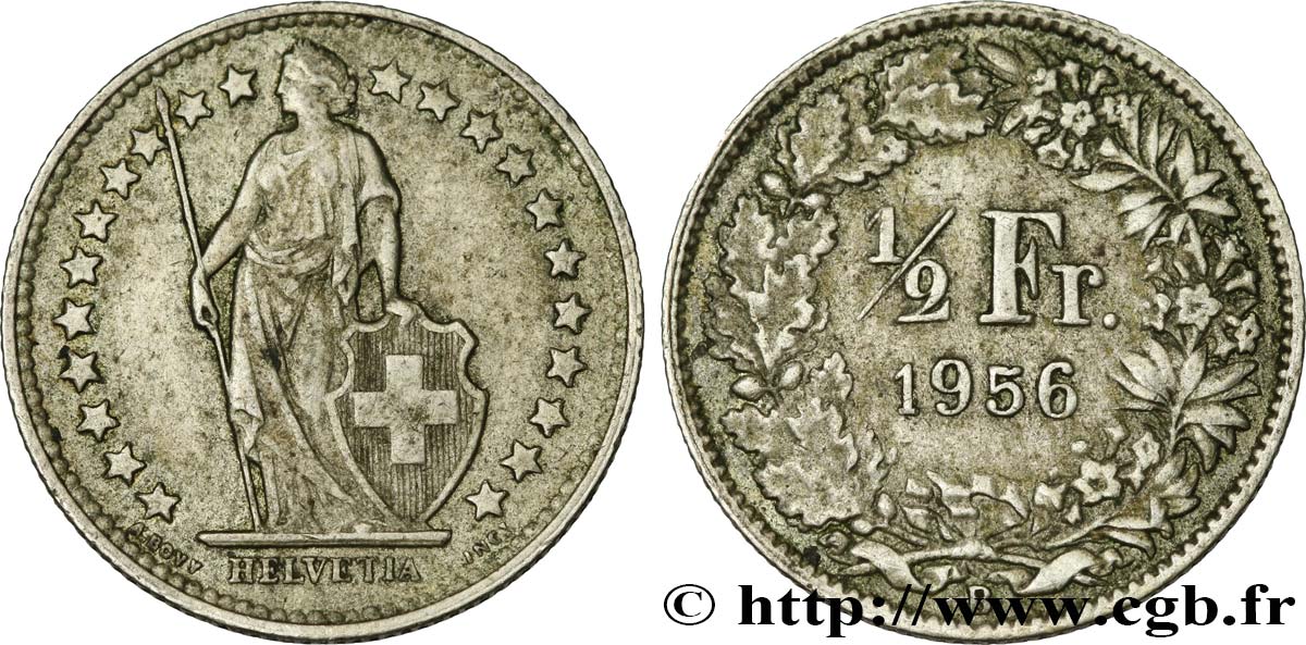 SWITZERLAND 1/2 Franc Helvetia 1956 Berne XF 