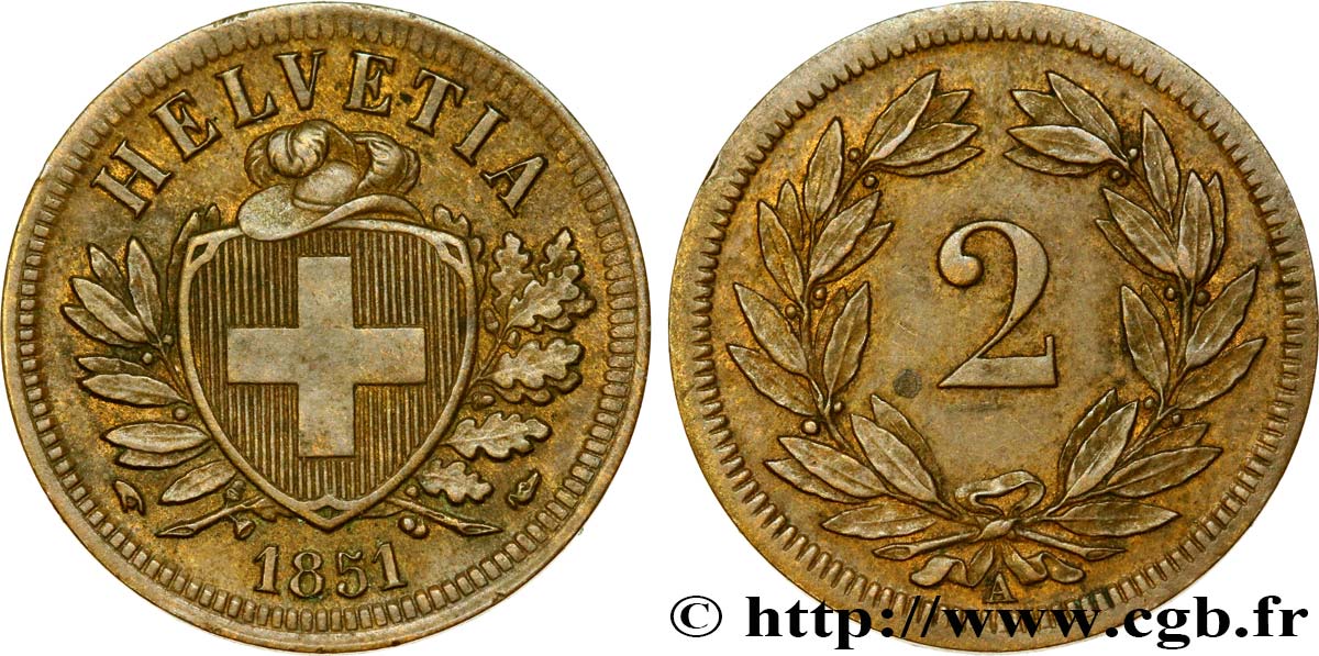 SCHWEIZ 2 Centimes (Rappen) croix suisse 1851 Paris VZ 