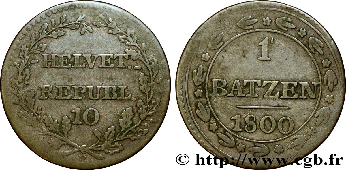 SWITZERLAND - HELVETIC REPUBLIC 1 Batzen (10 Rappen) République Helvétique 1800 Berne VF 
