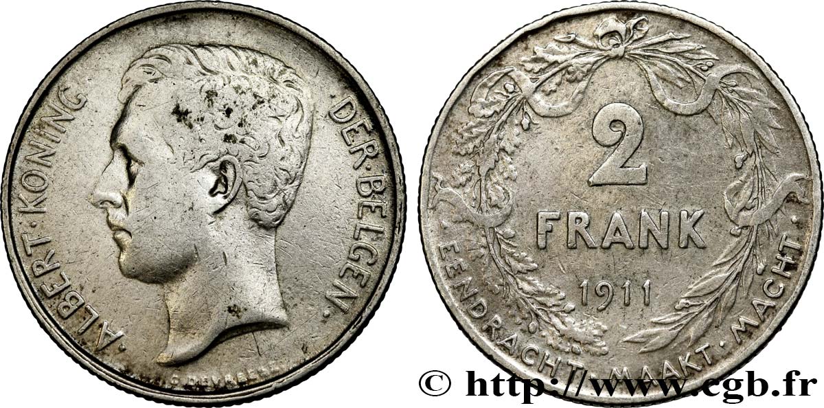 BELGIUM 2 Frank (Francs) Albert Ier légende flamande 1911 Bruxelles XF 