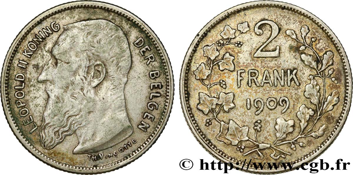 BELGIUM 2 Francs (Frank) Léopold II légende flamande 1909  XF 