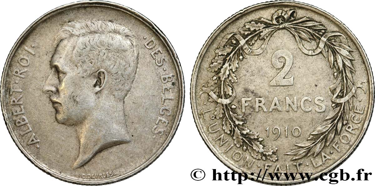 BELGIUM 2 Francs Albert Ier légende française 1910  VF 