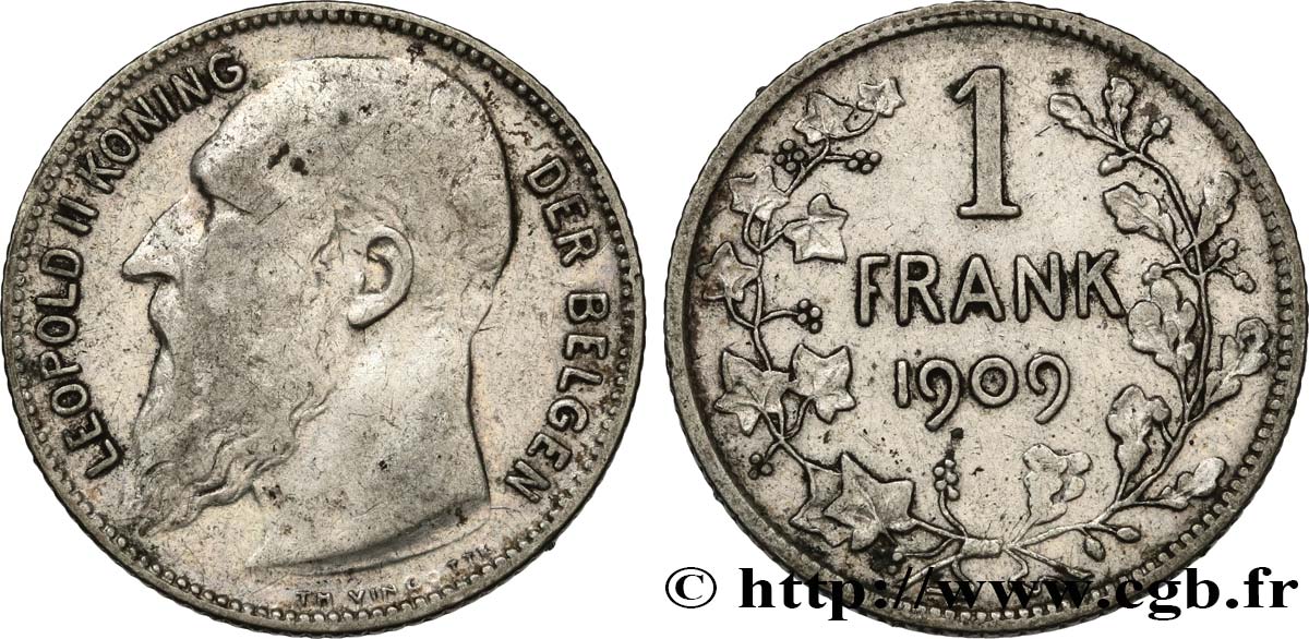 BELGIO 1 Franc Léopold II légende flamande variété sans point dans la signature 1909  MB 