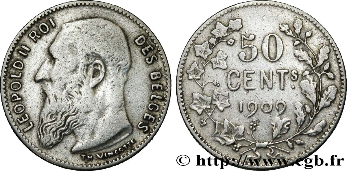 BELGIUM 50 Centimes Léopold II légende en français 1909  VF 
