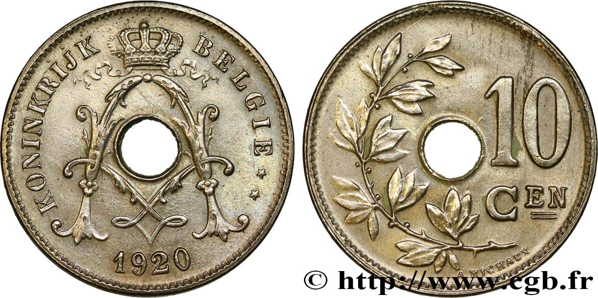 BELGIUM 10 Centiemen (Centimes) 1920  AU 