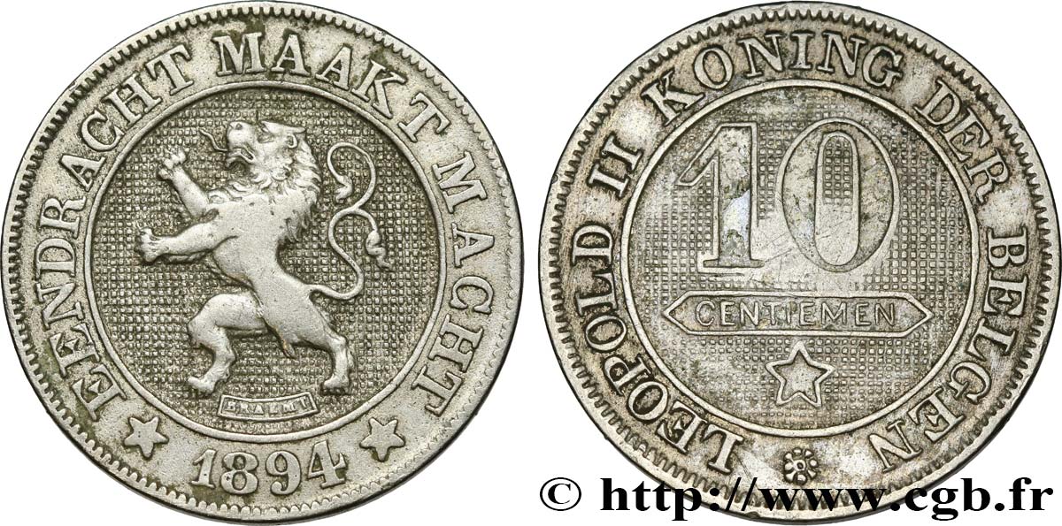 BELGIUM 10 Centiemen (Centimes) légende flamande 1894  XF 