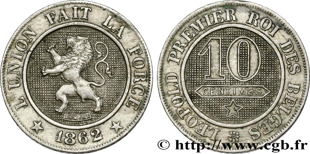 BELGIUM 10 Centimes lion 1862  AU 