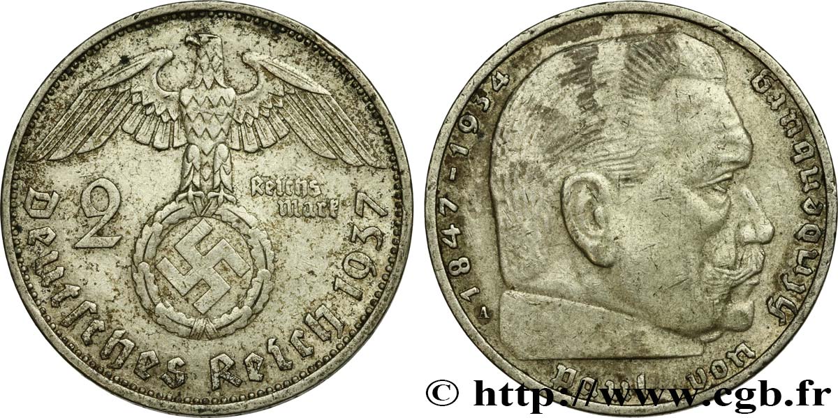 ALLEMAGNE 2 Reichsmark Maréchal Paul von Hindenburg 1937 Berlin TTB+ 