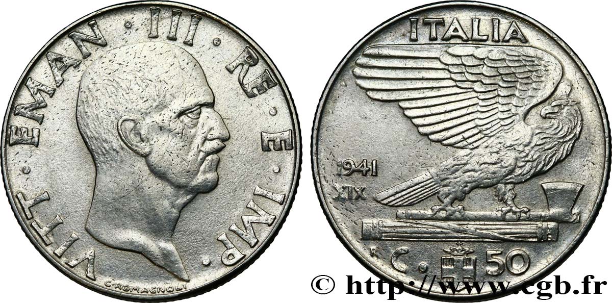 ITALY 50 Centesimi Victor Emmanuel III an XIX 1941 Rome AU 