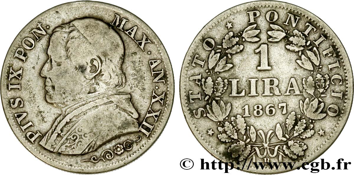 VATICAN AND PAPAL STATES 1 Lira Pie IX an XXII 1867 Rome VF 