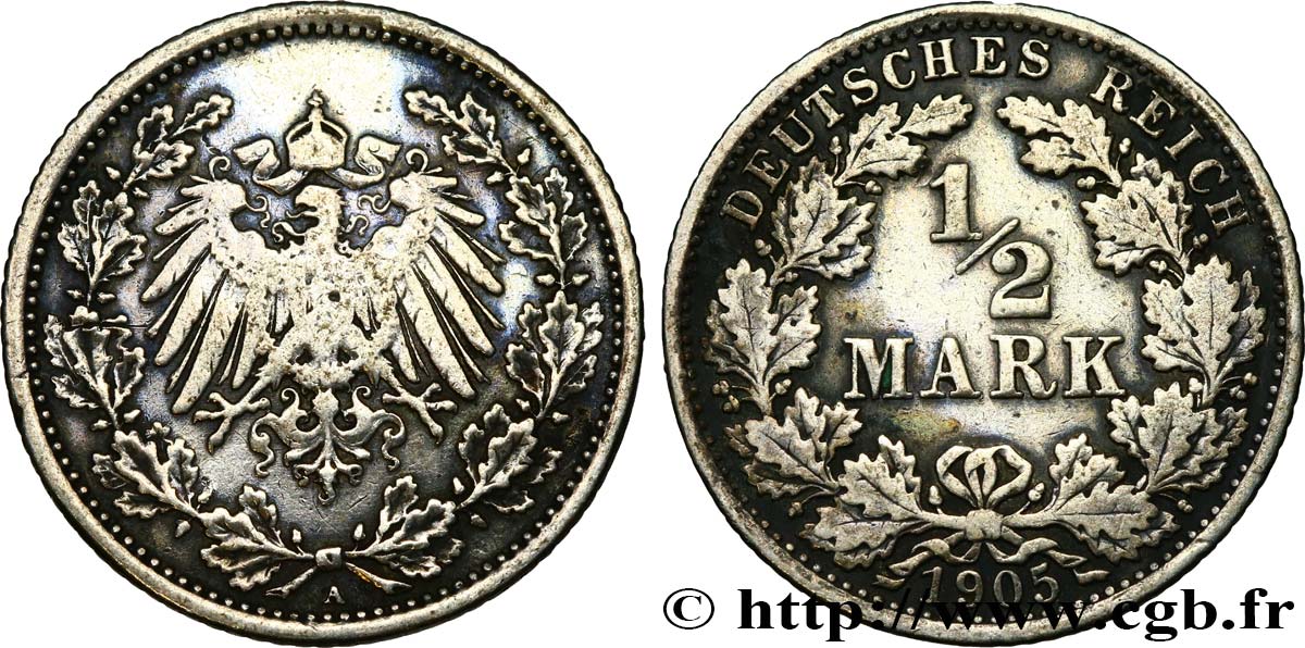 GERMANY 1/2 Mark Empire aigle impérial 1905 Berlin VF 