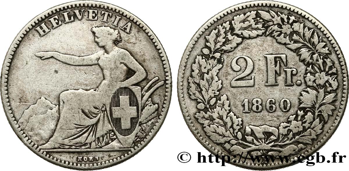 SVIZZERA  2 Francs Helvetia 1860 Berne MB 
