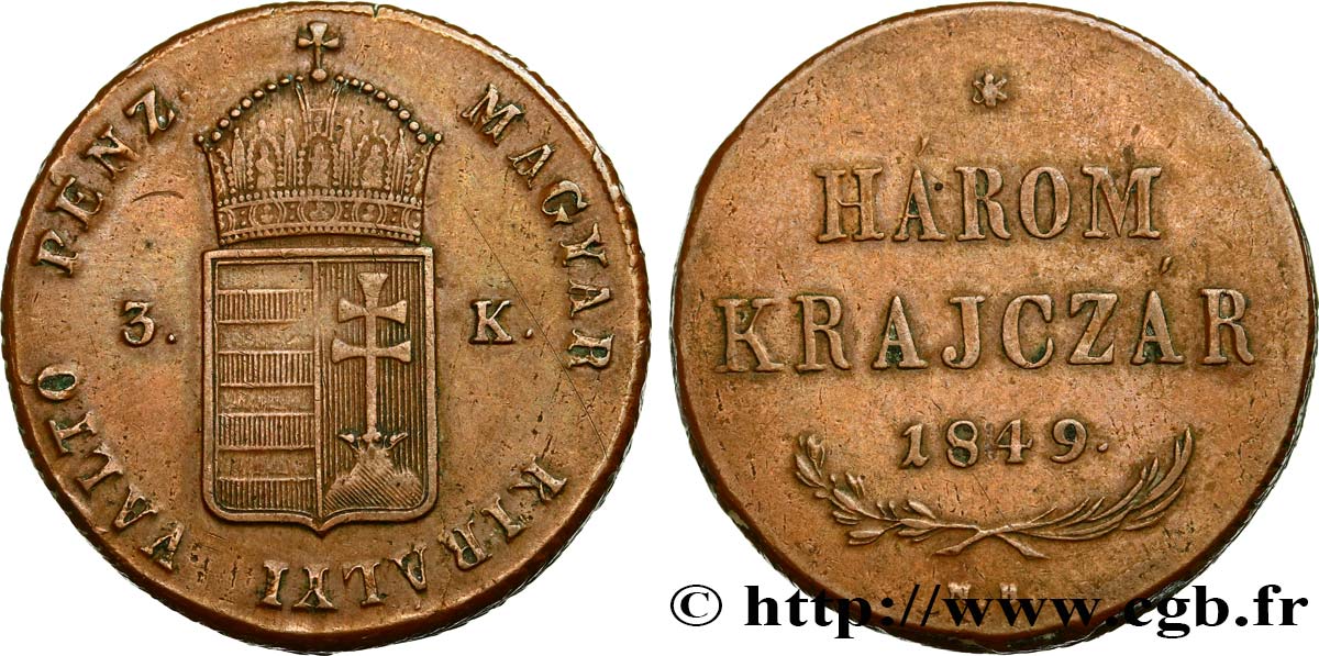 HUNGARY 3 Krajczar monnayage de la guerre d’indépendance 1849 Nagybanya XF 