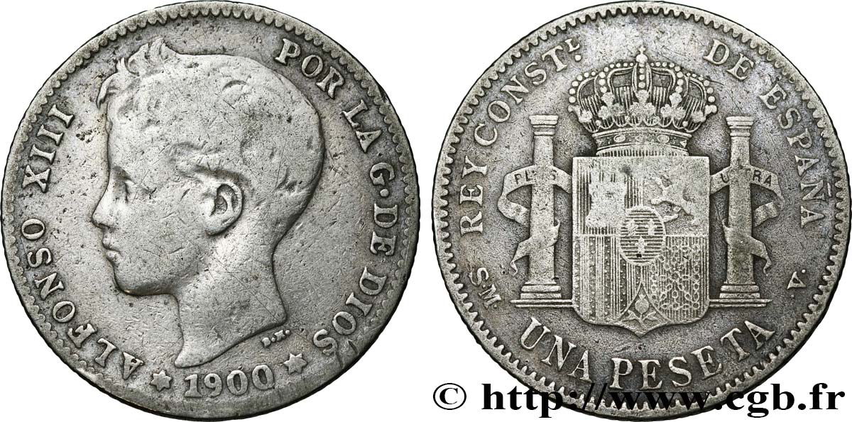 SPAIN 1 Peseta Alphonse XIII 3e type 1900 Madrid VF 