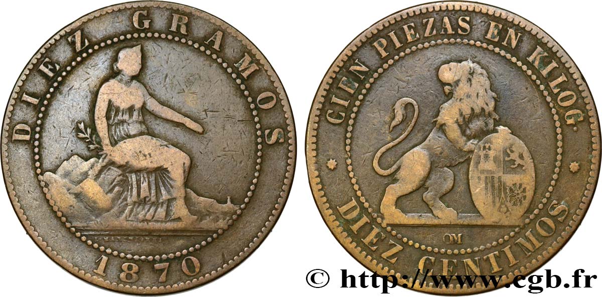 SPAIN 10 Centimos monnayage provisoire “ESPAÑA” assise / lion au bouclier 1870 Oeschger Mesdach & CO VF 