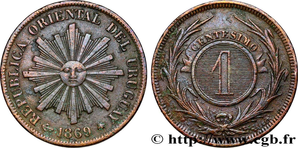URUGUAY 1 Centesimo soleil 1869 Paris XF 