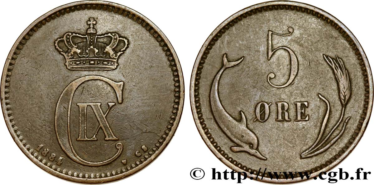 DENMARK 5 Ore Christian IX 1884 Copenhague XF 