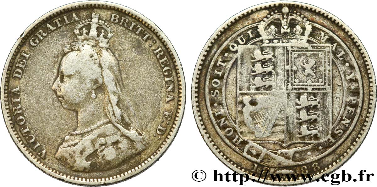 ROYAUME-UNI 1 Shilling Victoria buste du jubilé 1888  TB+ 