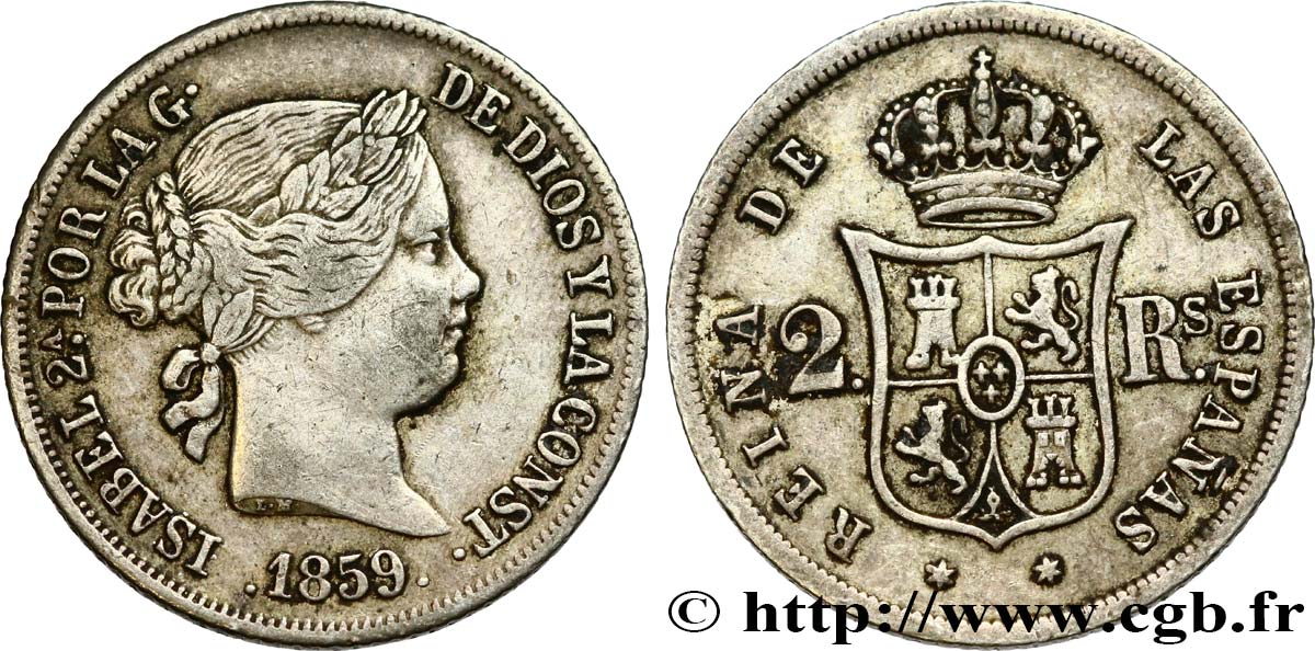 SPAIN 2 Reales  Isabelle II / écu couronné 1859 Madrid VF 
