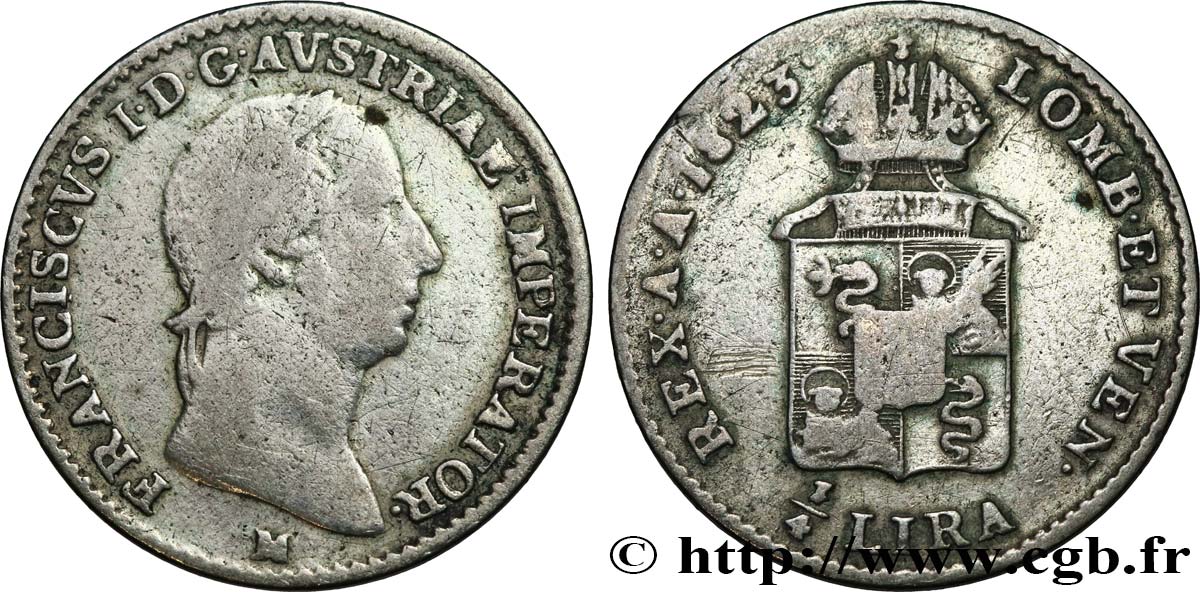 ITALY - LOMBARDY - VENETIA 1/4 Lire 1823 Milan VF 
