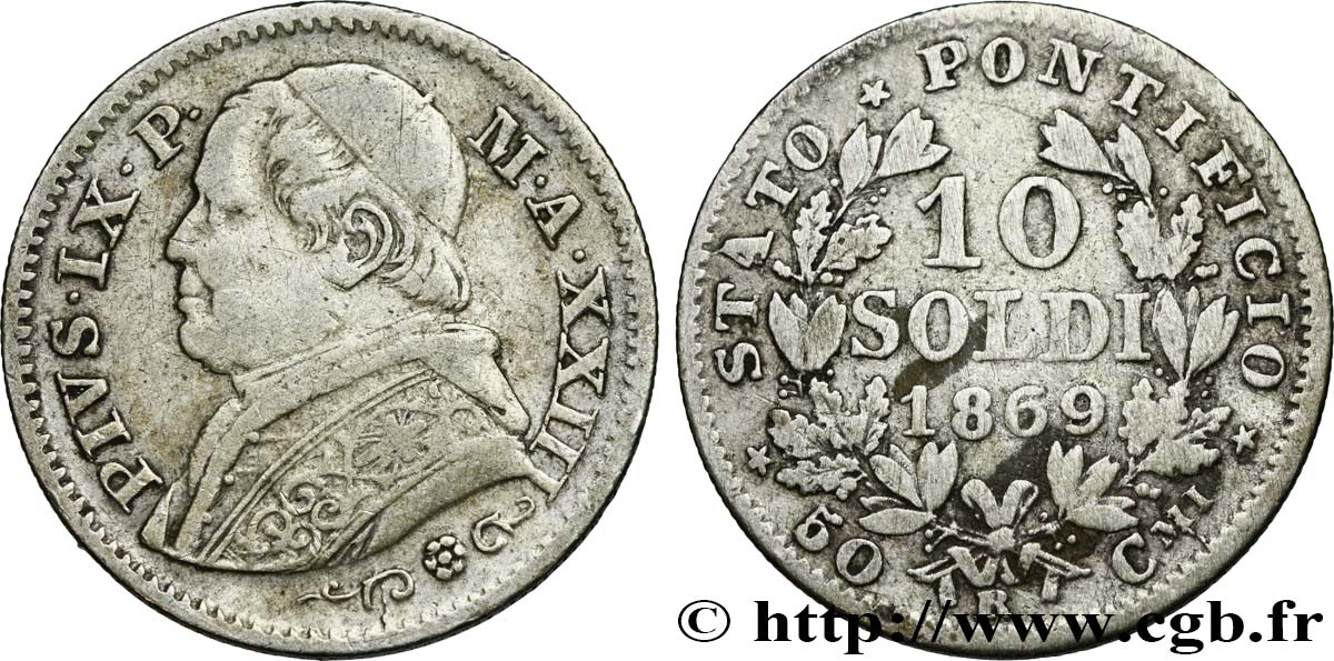 VATICAN AND PAPAL STATES 10 Soldi Pie IX an XXIII 1869 Rome VF 