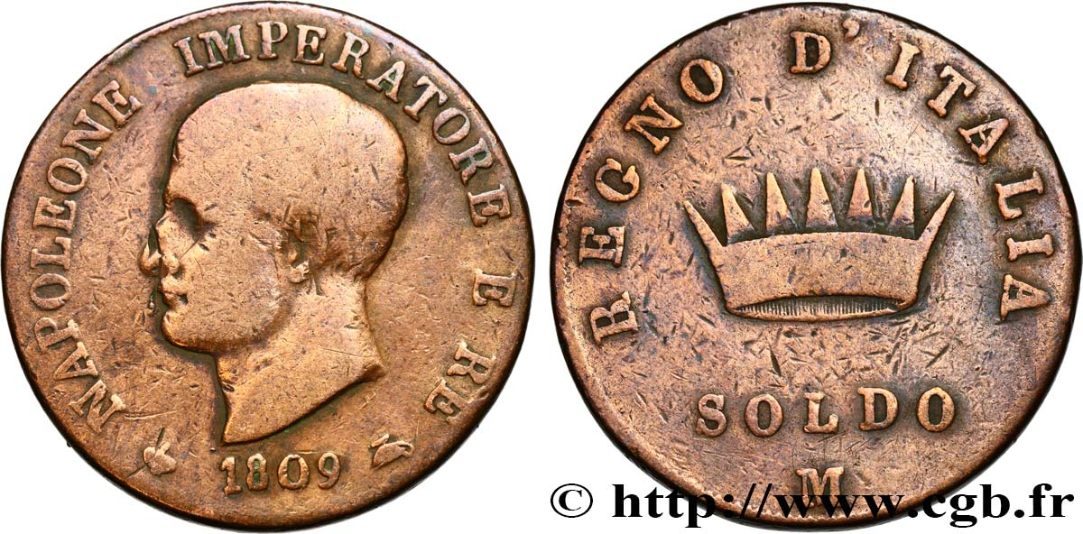 ITALY - KINGDOM OF ITALY - NAPOLEON I 1 Soldo 1809 Milan VF 