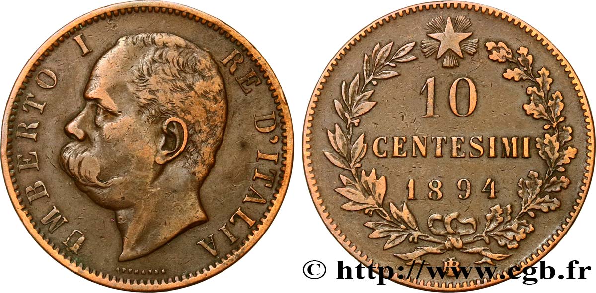 ITALY 10 Centesimi Humbert Ier 1894 Birmingham VF 