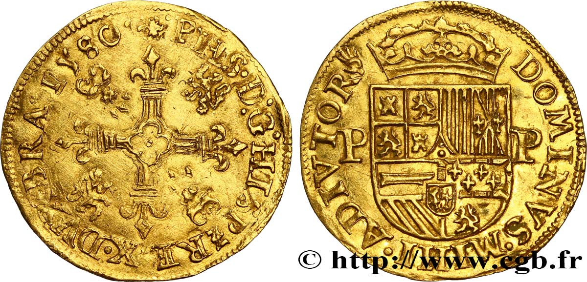 SPANISH LOW COUNTRIES - DUCHY OF BRABANT - PHILIPPE II Couronne d’or 1580 Anvers MBC+/EBC 