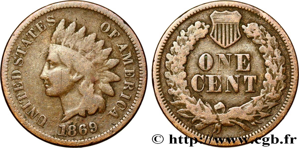 ÉTATS-UNIS D AMÉRIQUE 1 Cent tête d’indien, 3e type 1869 Philadelphie B+ 