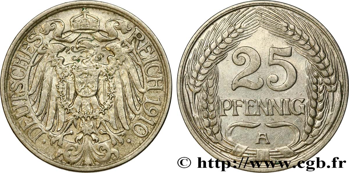 ALLEMAGNE 25 Pfennig Empire aigle impérial 1910 Berlin TTB 