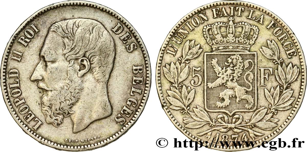 BELGIQUE 5 Francs Léopold II  1874  TB+ 