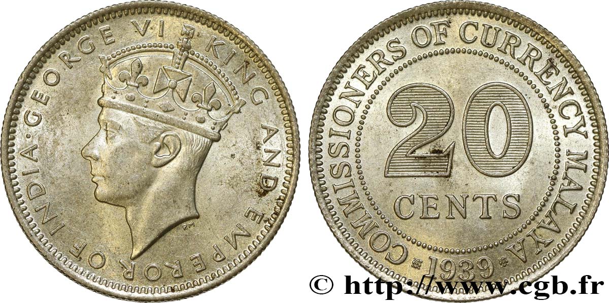 MALESIA - INSEDIAMENTI DELLO STRETTO 20 Cents Georges VI 1939  MS 