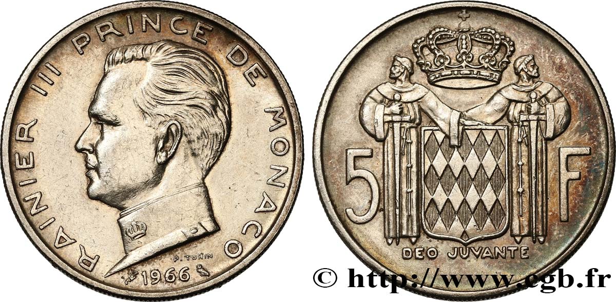 MONACO 5 Francs Prince Rainier III 1966 Paris fVZ 