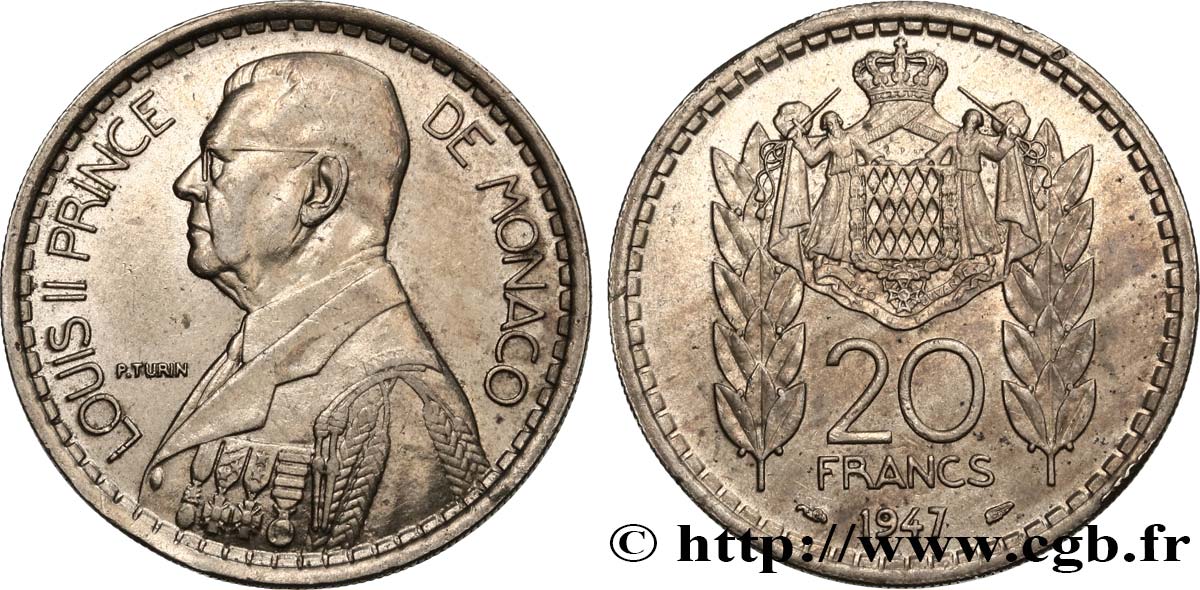 MONACO 20 Francs prince Louis II 1947 Paris EBC 
