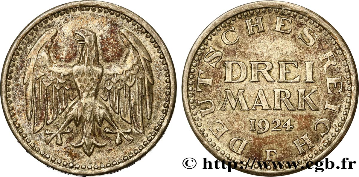 GERMANY 3 Mark aigle 1924 Francfort XF 