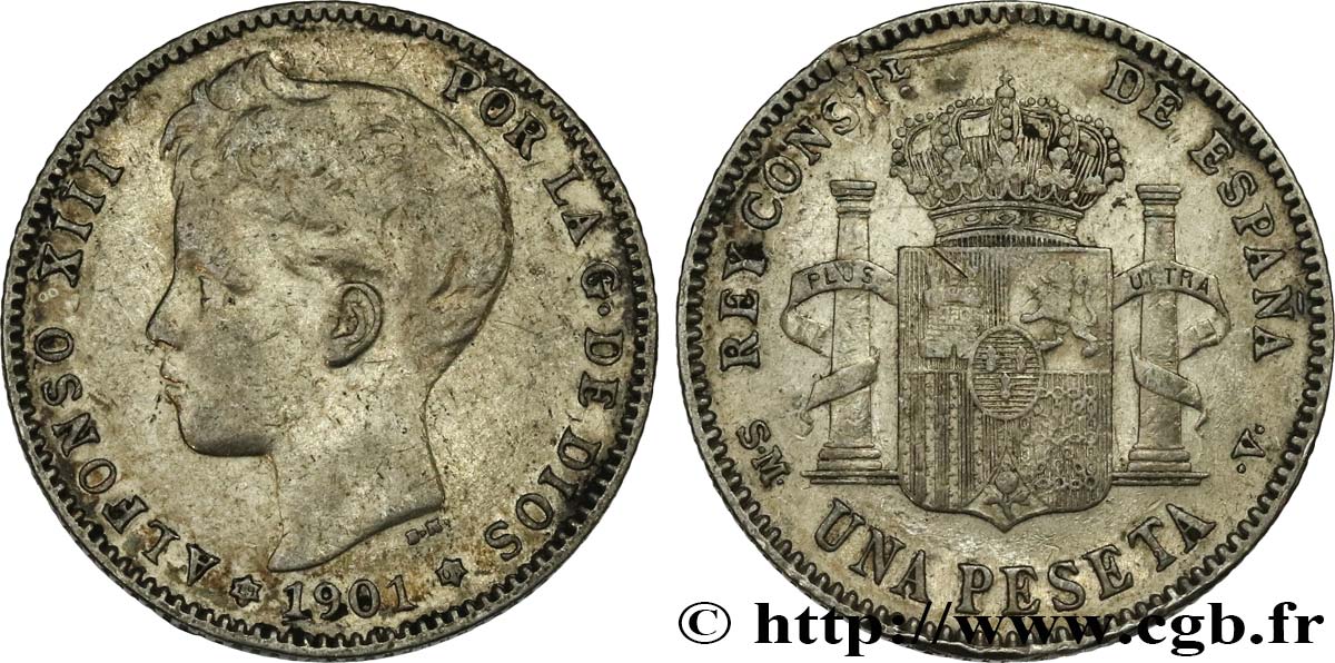 ESPAGNE 1 Peseta Alphonse XIII 3e type de buste 1901 Madrid TB+ 