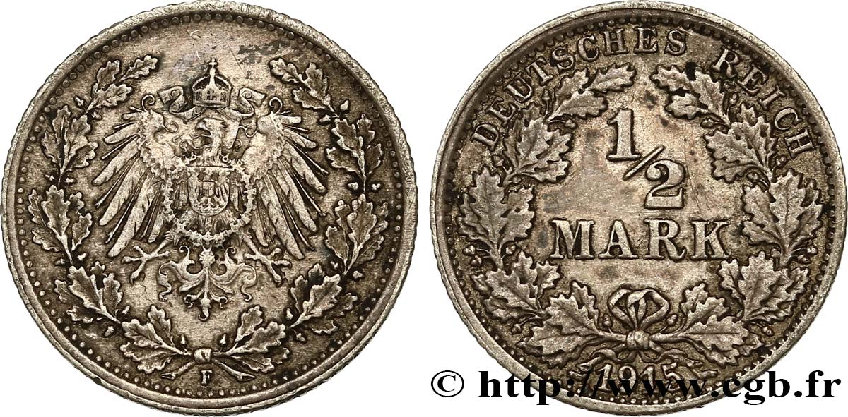 ALEMANIA 1/2 Mark Empire aigle impérial 1915 Stuttgart MBC 