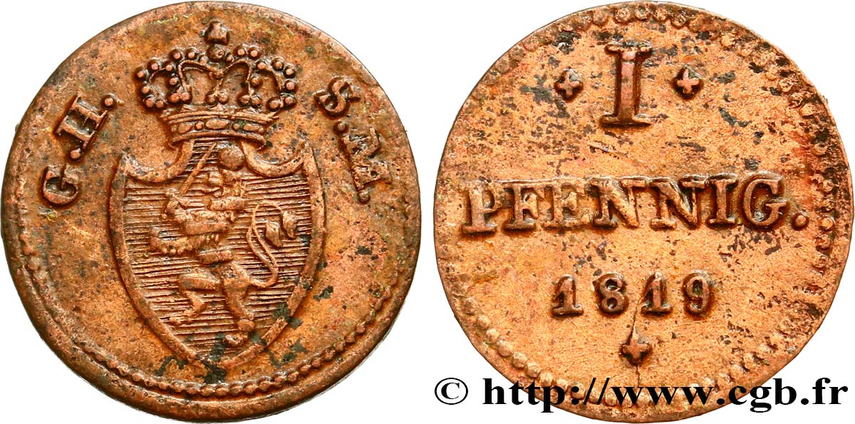 GERMANY - HESSE 1 Pfennig Hesse-Darmstadt 1819  VF 