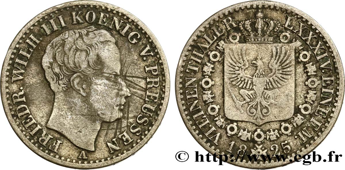GERMANIA - PRUSSIA 1/6 Thaler Frédéric-Guillaume III 1825 Berlin q.MB 