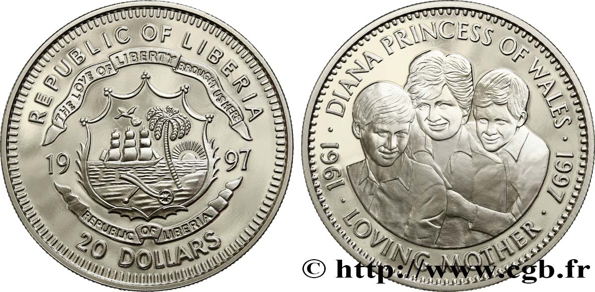 LIBERIA 20 Dollars Proof Diana - “Loving mother” 1997  MS 