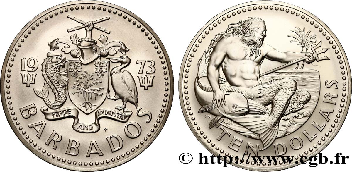 BARBADOS 10 Dollars Neptune 1973  MS 