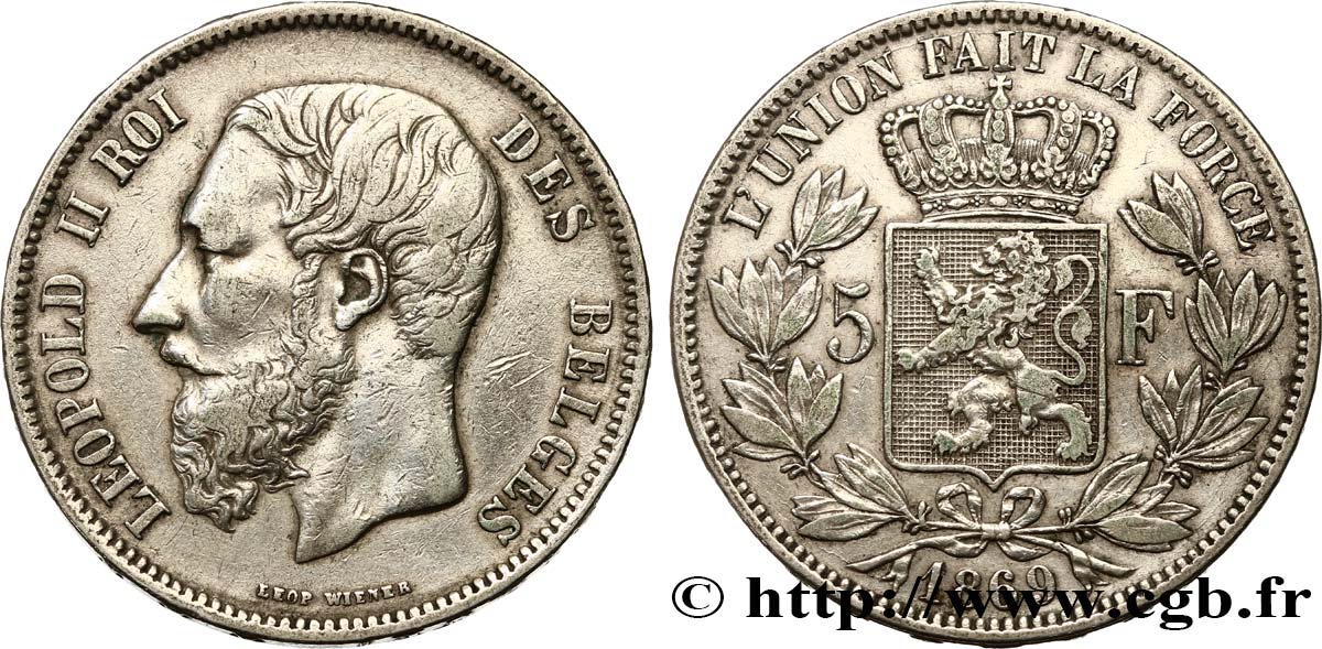 BELGIUM 5 Francs Léopold II 1869  XF/AU 