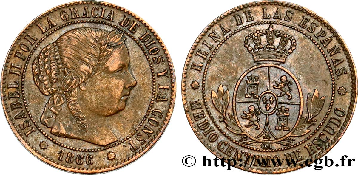 ESPAÑA 1/2 Centimo de Escudo Isabelle II 1866 Barcelone EBC 