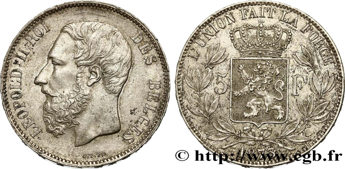 BELGIQUE 5 Francs Léopold II 1873  SUP 