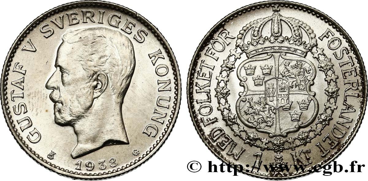 SCHWEDEN 1 Krona Gustave V 1938  ST 