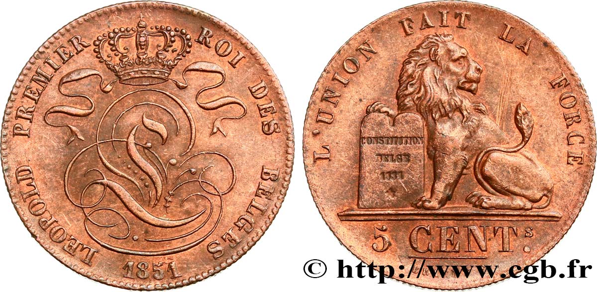 BELGIUM - KINGDOM OF BELGIUM - LEOPOLD I 5 Centimes 1851  AU 